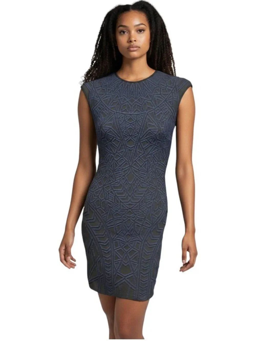 RVN Navy Geometric Jacquard Knit Bodycon Dress Size M
